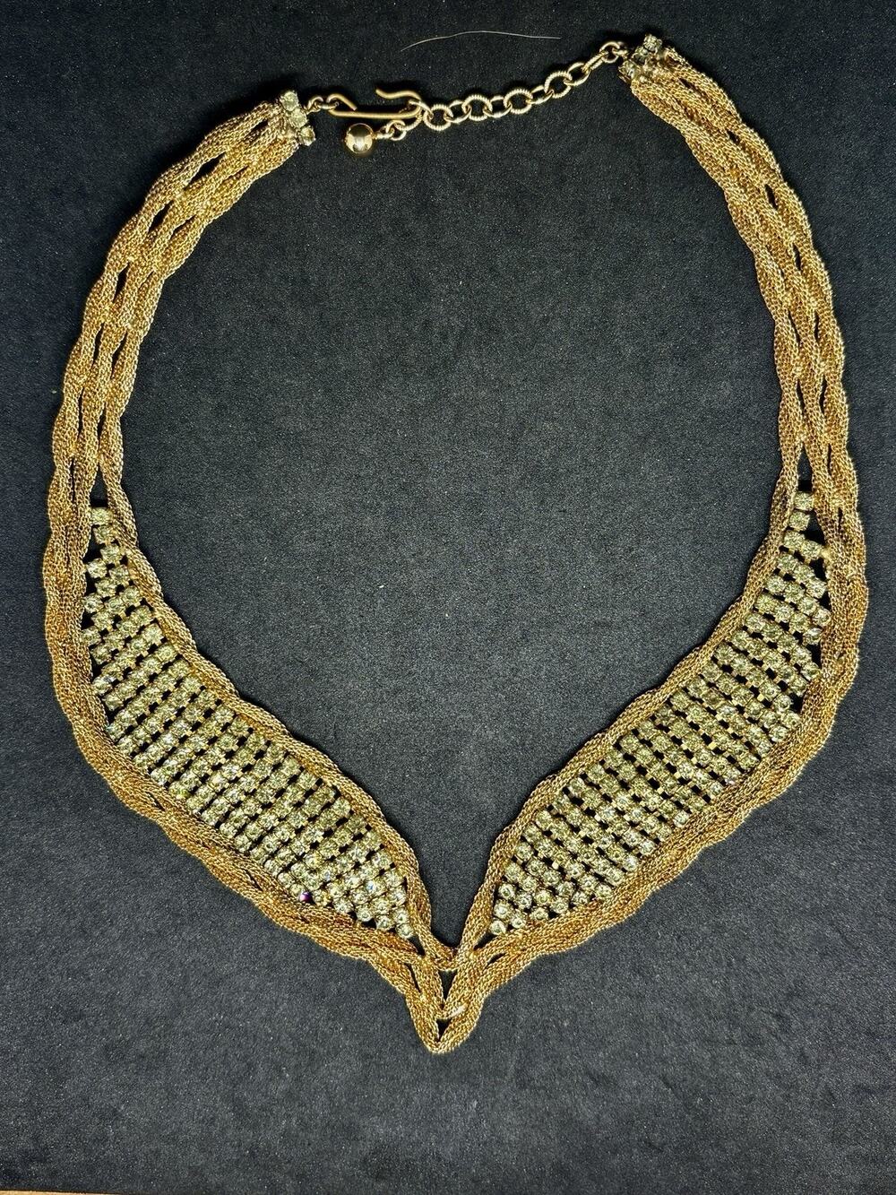 Vtg Hattie Carnegie Gold Signed Multi Mesh Strand Rhinestone Collar Necklace